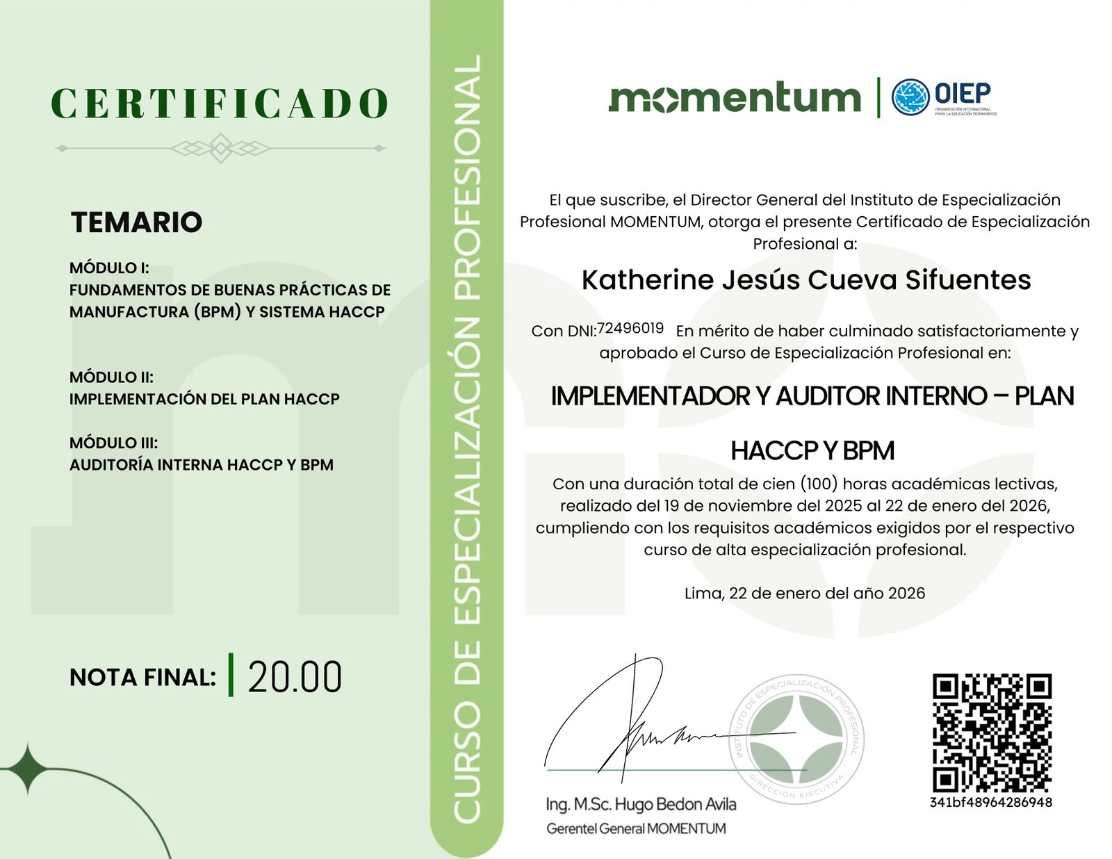 IMPLEMENTADOR Y AUDITOR INTERNO PLAN HACCP Y BPM